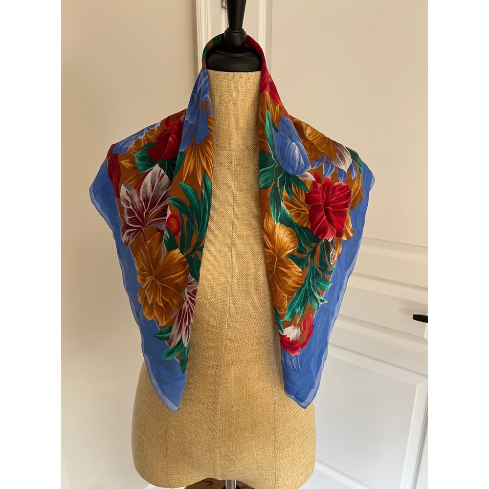 Vintage Bright Floral Women's Scarf Blue Red Brown Boho Old Money Quiet Luxury